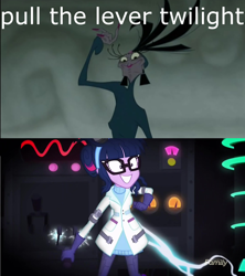 Size: 1920x2160 | Tagged: safe, edit, edited screencap, imported from derpibooru, screencap, sci-twi, twilight sparkle, eqg summertime shorts, equestria girls, mad twience, comparison, image macro, lever, meme, the emperor's new groove, yzma