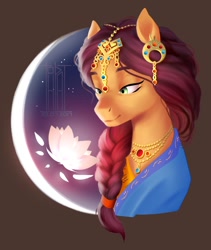 Size: 1164x1378 | Tagged: artist needed, safe, imported from derpibooru, oc, oc only, pony, my little brony risovach, braid, clothes, ear piercing, earring, flower, jewelry, lotus (flower), moon, necklace, piercing, pigtails, solo