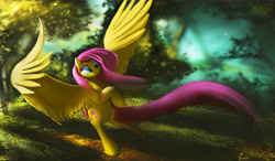 Size: 7496x4383 | Tagged: safe, artist:auroriia, imported from derpibooru, fluttershy, pegasus, pony, absurd resolution, female, forest, large wings, mare, outdoors, solo, tree, wings