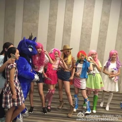 Size: 713x715 | Tagged: safe, imported from derpibooru, applejack, fluttershy, princess luna, rainbow dash, sweetie belle, human, china ponycon, clothes, cosplay, costume, irl, irl human, photo