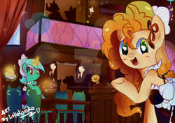 Size: 1024x722 | Tagged: safe, artist:kumikoponylk, imported from derpibooru, lyra heartstrings, pear butter, earth pony, pony, unicorn, the perfect pear, female, maid, maid headdress, smiley face, smiling