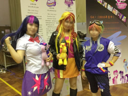 Size: 1200x900 | Tagged: safe, imported from derpibooru, rainbow dash, sunset shimmer, twilight sparkle, human, equestria girls, blurry, censored, clothes, cosplay, costume, irl, irl human, photo, taiwan ponycon