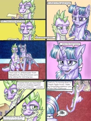 Size: 3000x4000 | Tagged: safe, artist:tillie-tmb, imported from derpibooru, spike, twilight sparkle, alicorn, dragon, pony, comic:the amulet of shades, comic, high res, older, scroll, traditional art, twilight sparkle (alicorn)