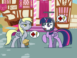 Size: 1800x1350 | Tagged: safe, artist:flutterluv, imported from derpibooru, derpy hooves, twilight sparkle, alicorn, pony, unown, exclamation point, face paint, female, food, mare, muffin, pokémon, ponyville, question mark, sugarcube corner, trio, twilight sparkle (alicorn)