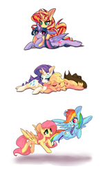 Size: 2100x3444 | Tagged: safe, artist:phyllismi, imported from derpibooru, applejack, fluttershy, rainbow dash, rarity, sunset shimmer, twilight sparkle, alicorn, earth pony, pegasus, pony, unicorn, cowboy hat, cuddling, female, flutterdash, flying, hat, lesbian, looking at each other, rarijack, shipping, simple background, sleeping, stetson, sunsetsparkle, twilight sparkle (alicorn)