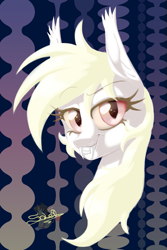 Size: 533x800 | Tagged: safe, artist:unisoleil, imported from derpibooru, oc, oc only, oc:albi light wing, bat pony, pony, albino, bust, female, mare, nightpony, portrait, smiling, solo