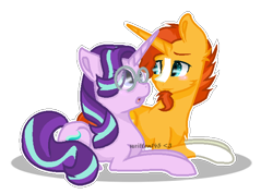 Size: 692x494 | Tagged: safe, artist:written145, imported from derpibooru, starlight glimmer, sunburst, pony, unicorn, :o, accessory swap, blushing, cute, eye contact, facial hair, female, glasses, goatee, looking at each other, male, mare, open mouth, prone, shipping, simple background, smiling, stallion, starburst, straight, transparent background