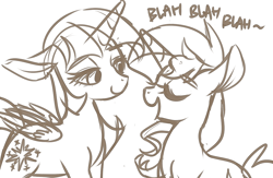 Size: 1000x650 | Tagged: safe, artist:phyllismi, imported from derpibooru, sunset shimmer, twilight sparkle, alicorn, pony, unicorn, bedroom eyes, blah blah blah, dialogue, eyes closed, female, floppy ears, lesbian, lidded eyes, mare, monochrome, shipping, sketch, sunsetsparkle, twilight sparkle (alicorn)