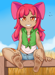 Size: 2200x3000 | Tagged: safe, alternate version, artist:fearingfun, imported from derpibooru, apple bloom, human, bandaid, barefoot, clothes, dirt, dirty, dirty feet, explicit source, feet, female, fence, fetish, foot fetish, foot focus, humanized, looking at you, plaster, sfw version, shorts, sitting, sitting on fence, smiling, solo, sweat, young