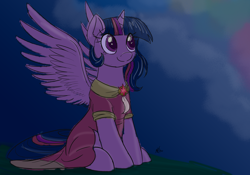 Size: 2500x1750 | Tagged: safe, artist:j24262756, imported from derpibooru, twilight sparkle, alicorn, pony, atg 2017, clothes, dress, female, mare, newbie artist training grounds, sitting, smiling, solo, twilight sparkle (alicorn)