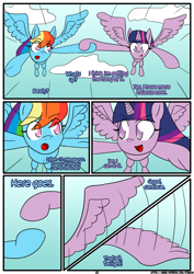 Size: 1233x1746 | Tagged: safe, artist:otakon, imported from derpibooru, rainbow dash, twilight sparkle, alicorn, pony, comic:love in the clouds, comic, female, flying, holding hooves, lesbian, shipping, twidash, twilight sparkle (alicorn)