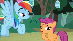 Size: 1920x1080 | Tagged: safe, imported from derpibooru, screencap, rainbow dash, scootaloo, pegasus, pony, campfire tales, duo, faic, female, filly, flying, foal, folded wings, lidded eyes, looking sideways, looking to side, mare, multicolored mane, raised eyebrow, raised hoof, smiling, smirk, smug, smugdash, spread wings