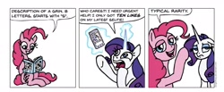 Size: 2048x844 | Tagged: safe, artist:gingerfoxy, imported from derpibooru, pinkie pie, rarity, earth pony, pony, unicorn, pony comic generator, cellphone, comic, crossword puzzle, glowing, glowing horn, horn, magic, phone, smartphone, telekinesis