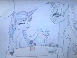 Size: 1024x768 | Tagged: safe, artist:evergreen-gemdust, imported from derpibooru, princess luna, pony, unicorn, commission, crossover, crossover shipping, date, drink, eyes closed, female, full moon, godzilla (series), godzilla junior, lunazilla, male, moon, night, ponified, shipping, straight, traditional art, unshorn fetlocks