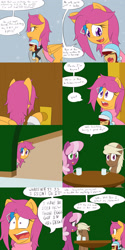Size: 1600x3200 | Tagged: safe, artist:jake heritagu, imported from derpibooru, cheerilee, scootaloo, oc, oc:lightning blitz, oc:sandy hooves, earth pony, pegasus, pony, comic:ask motherly scootaloo, baby, baby carrier, baby pony, clothes, coffee mug, colt, comic, dialogue, facehoof, female, hairpin, hat, holding a pony, male, mare, mother and son, motherly scootaloo, mug, offspring, older, older scootaloo, parent:rain catcher, parent:scootaloo, parents:catcherloo, scarf, sleeping, speech bubble, sweater, sweatshirt, table