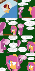 Size: 1600x3200 | Tagged: safe, artist:jake heritagu, imported from derpibooru, cheerilee, scootaloo, oc, oc:lightning blitz, pegasus, pony, comic:ask motherly scootaloo, baby, baby pony, blanket, clothes, colt, comic, crib, dialogue, female, hairpin, half-siblings, male, motherly scootaloo, offspring, older, older scootaloo, parent:rain catcher, parent:scootaloo, parents:catcherloo, pillow, scarf, sisters, sleeping, speech bubble, sweatshirt, table, zzz