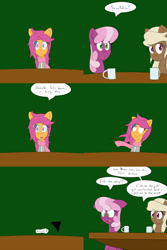 Size: 1600x2400 | Tagged: safe, artist:jake heritagu, imported from derpibooru, cheerilee, scootaloo, oc, oc:sandy hooves, pony, comic:ask motherly scootaloo, clothes, coffee mug, comic, faint, hairpin, motherly scootaloo, mug, scarf, sweatshirt, table