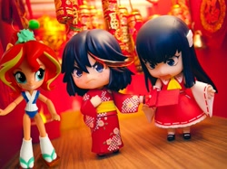 Size: 915x683 | Tagged: safe, artist:whatthehell!?, edit, imported from derpibooru, sunset shimmer, fish, equestria girls, ami koshimizu, clothes, doll, equestria girls minis, eqventures of the minis, irl, kill la kill, kimono (clothing), lamp, merchandise, nendoroid, photo, ryuko matoi, satsuki kiryuin, sunset sushi, toy, voice actor joke