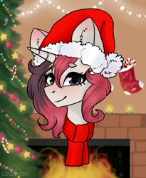 Size: 1719x2099 | Tagged: artist needed, source needed, safe, artist:lovely-pony, imported from derpibooru, oc, oc only, pony, unicorn, christmas, christmas tree, clothes, fireplace, hat, head, holiday, horn, looking at you, santa hat, scarf, solo, tree, unicorn oc