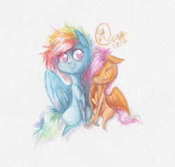 Size: 1965x1871 | Tagged: safe, artist:kimsteinandother, imported from derpibooru, rainbow dash, scootaloo, pony, chibi, eyes closed, scootalove, smiling, traditional art
