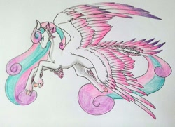 Size: 1024x740 | Tagged: safe, artist:oneiria-fylakas, imported from derpibooru, princess flurry heart, alicorn, original species, pony, seraph, seraphicorn, colored wings, female, flying, multicolored wings, multiple wings, older, solo, species swap, traditional art, unshorn fetlocks