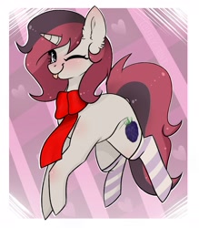 Size: 1556x1773 | Tagged: artist needed, source needed, safe, imported from derpibooru, oc, oc only, pony, unicorn, blushing, clothes, scarf, socks, solo, striped socks, tongue out