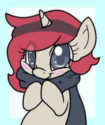 Size: 442x525 | Tagged: artist needed, source needed, safe, imported from derpibooru, oc, oc only, pony, unicorn, blushing, clothes, cute, scarf, solo