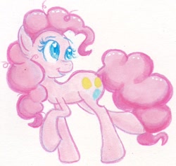 Size: 790x749 | Tagged: safe, artist:numberlessneedle, imported from derpibooru, pinkie pie, pony, female, head turn, looking away, looking back, looking up, raised hoof, raised leg, simple background, smiling, solo, traditional art, turned head, white background