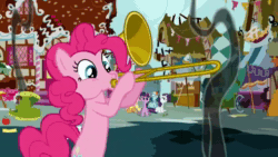 Size: 640x360 | Tagged: safe, imported from derpibooru, screencap, applejack, fluttershy, pinkie pie, rainbow dash, rarity, twilight sparkle, earth pony, pegasus, pony, unicorn, season 1, swarm of the century, animated, female, horn, iris out, mane six, mare, multicolored hair, musical instrument, ponyville, rainbow hair, ruins, sad trombone, smoke, sound, sugarcube corner, trombone, unicorn twilight, webm, wings, youtube link