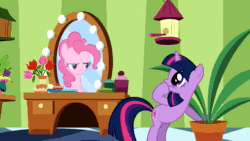 Size: 640x360 | Tagged: safe, imported from derpibooru, screencap, pinkie pie, twilight sparkle, pony, green isn't your color, animated, female, mirror, sound, webm