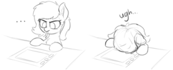 Size: 2798x1142 | Tagged: safe, artist:smoldix, imported from derpibooru, oc, oc only, oc:filly anon, pony, ..., chest fluff, comic, desk, dialogue, drawing tablet, ear fluff, face down, facedesk, female, filly, frown, frustrated, giving up, graphics tablet, grayscale, headdesk, mare, monochrome, mouth hold, simple background, sketch, solo, stylus, tablet, tablet pen, ugh