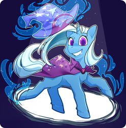 Size: 1223x1237 | Tagged: safe, artist:foxda, imported from derpibooru, trixie, pony, unicorn, colored pupils, female, grin, looking at you, magic, mare, smiling, solo, sparkles, spotlight, telekinesis