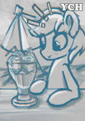 Size: 1447x2039 | Tagged: safe, artist:anonbelle, imported from derpibooru, pony, advertisement, blushing, commission, food, ice cream, your character here