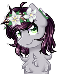 Size: 692x867 | Tagged: safe, artist:sketchyhowl, imported from derpibooru, oc, oc only, oc:garfunkel plum lilly, pony, bust, chest fluff, cross, eye clipping through hair, female, floral head wreath, flower, heart eyes, mare, portrait, signature, simple background, solo, transparent background, wingding eyes