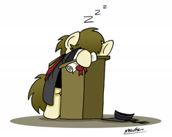 Size: 1916x1527 | Tagged: safe, artist:bobthedalek, imported from derpibooru, oc, oc only, oc:kettle master, earth pony, pony, clothes, diploma, graduation, graduation cap, hat, lectern, simple background, sleeping, solo, suit, white background, zzz