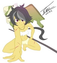 Size: 1000x1095 | Tagged: safe, artist:bluse, imported from derpibooru, daring do, equestria girls, barefoot, breasts, clothes, cut, feet, female, hat, pith helmet, scratches, show accurate, signature, solo, staff, underwear
