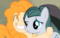 Size: 1000x626 | Tagged: safe, artist:artemanuela, imported from derpibooru, cloudy quartz, pear butter, earth pony, pony, the perfect pear, alternate universe, big grin, female, grin, hug, mare, smiling