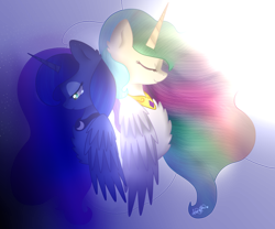 Size: 1024x853 | Tagged: safe, artist:anasflow, imported from derpibooru, princess celestia, princess luna, alicorn, pony, back to back, bust, chest fluff, duo, eyes closed, portrait, royal sisters, smiling