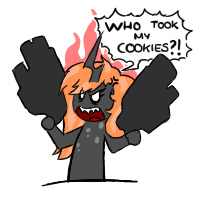 Size: 200x200 | Tagged: safe, artist:sanyo2100, imported from derpibooru, oc, oc only, oc:aurora void, changeling, angry, changeling oc, chibi, female, gun, orange changeling, rage, solo, weapon