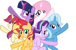 Size: 1332x872 | Tagged: safe, artist:elementalalchemist03, artist:sunsetshimmer1987, imported from derpibooru, moondancer, princess celestia, starlight glimmer, sunset shimmer, trixie, twilight sparkle, alicorn, pony, unicorn, alternate mane six, counterparts, female, magical quartet, magical quintet, magical sextet, magical trio, mare, twilight sparkle (alicorn), twilight's counterparts