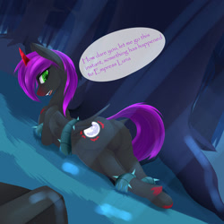 Size: 2000x2000 | Tagged: safe, artist:chapaevv, imported from derpibooru, oc, oc only, oc:midnight moon, pony, vampony, black vine, plunder seeds, red horn, restrained