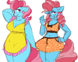 Size: 1000x800 | Tagged: safe, artist:cottoncloudy, imported from derpibooru, cup cake, anthro, the perfect pear, apron, chiffon swirl, chubby, clothes, colored sketch, comparison, ear piercing, earring, female, jewelry, piercing, plump, ponytails, thick cup cake, time paradox, weight gain, young, younger