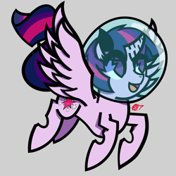 Size: 1280x1280 | Tagged: safe, artist:therederrorart, imported from derpibooru, twilight sparkle, alicorn, pony, female, flying, gray background, mare, open mouth, simple background, smiling, solo, space helmet, spread wings, twilight sparkle (alicorn), wings