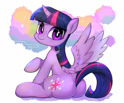 Size: 1024x852 | Tagged: dead source, safe, artist:9seconds, imported from derpibooru, twilight sparkle, alicorn, pony, butt, cute, female, looking at you, looking back, plot, sitting, smiling, solo, spread wings, twiabetes, twibutt, twilight sparkle (alicorn), wings