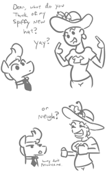 Size: 505x807 | Tagged: safe, artist:jargon scott, imported from derpibooru, oc, oc only, oc:horsey husband, oc:human wifey, earth pony, human, pony, comic, dialogue, frown, grayscale, grin, hat, horse puns, interspecies, monochrome, necktie, neigh, open mouth, pointing, pun, simple background, smiling, unamused, white background, yay