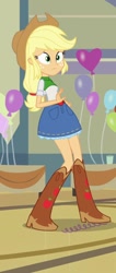 Size: 396x934 | Tagged: safe, imported from derpibooru, screencap, applejack, equestria girls, equestria girls (movie), balloon, boots, clothes, cowboy boots, cowboy hat, cropped, denim skirt, female, hat, heart balloon, shoes, skirt, solo, stetson