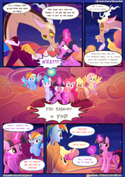 Size: 3500x4950 | Tagged: safe, artist:light262, artist:lummh, imported from derpibooru, applejack, discord, fluttershy, pinkie pie, rainbow dash, rarity, twilight sparkle, alicorn, pony, comic:timey wimey, comic, dialogue, mane six, speech bubble, twilight sparkle (alicorn)