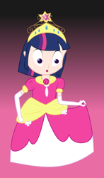 Size: 700x1192 | Tagged: safe, artist:disty dusk, imported from derpibooru, twilight sparkle, human, :o, big crown thingy, clothes, coronation dress, crossdressing, dress, dusk shine, evening gloves, gloves, humanized, jewelry, long gloves, open mouth, princess dusk shine, regalia, rule 63, solo, tiara