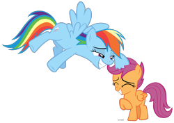 Size: 7317x5185 | Tagged: safe, artist:mandash1996, imported from derpibooru, rainbow dash, scootaloo, pegasus, pony, campfire tales, absurd resolution, cute, cutealoo, eyes closed, noogie, scootalove, simple background, transparent background, vector