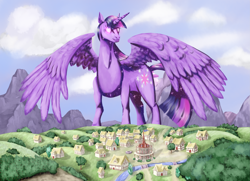 Size: 3361x2438 | Tagged: safe, artist:stormcrow-42, imported from derpibooru, twilight sparkle, alicorn, pony, 2014, building, canterlot, crossover, female, giant pony, glowing eyes, macro, magic the gathering, mare, mega twilight sparkle, ponyville, solo, twilight sparkle (alicorn)